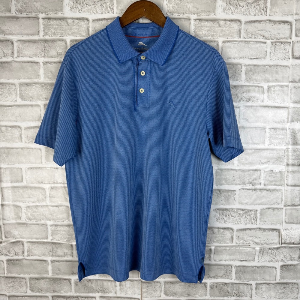 Tommy Bahama Mens Large Blue Textured Short Sleeve Marlin Polo Shirt L
